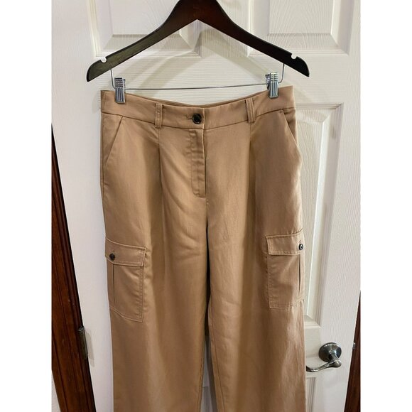 Wide-Leg Tan Cargo Pants By Loft Size 8 Lyocell/Linen Blend High-Waist Button & - Picture 9 of 9